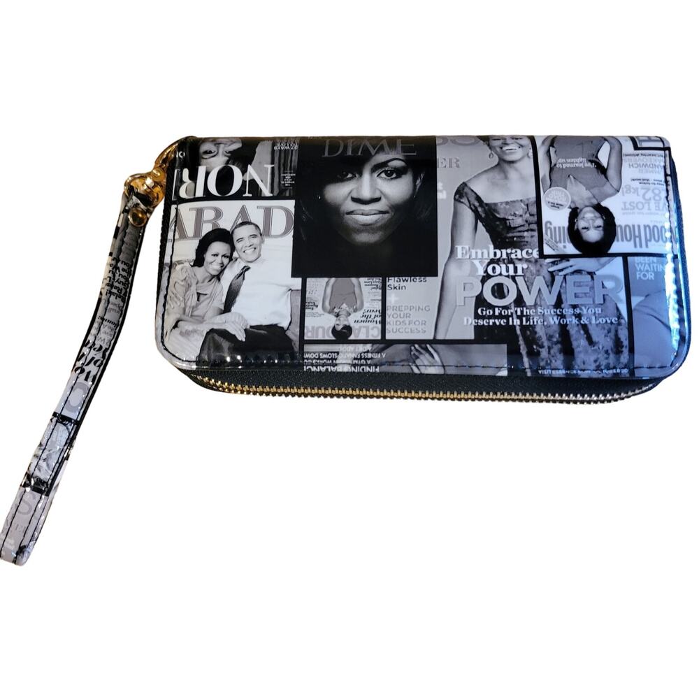 Michelle Obama Wristlet Double Zip Black & White Magazine Covers Vinyl 8 x 4.5